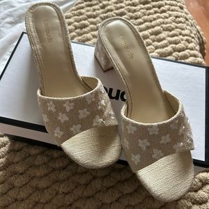 Larroude Brigitte Mule Sandals in Raw Linen